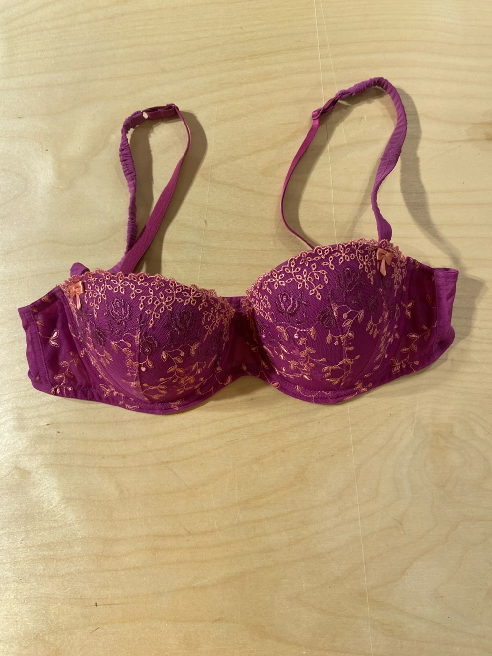 Ambrielle Embroidered Balconette Bra in Magenta with Peach Accents 38B (SJ)